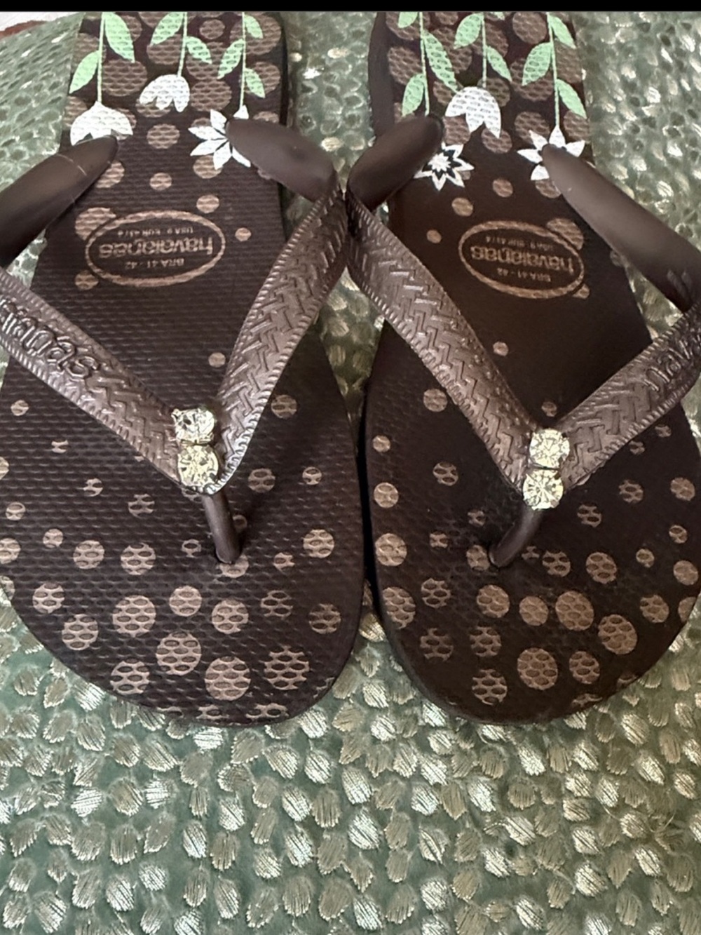 Custom Ab Chrystals Havaianas Brown Polka Dot & Green Floral Flip Flops 9